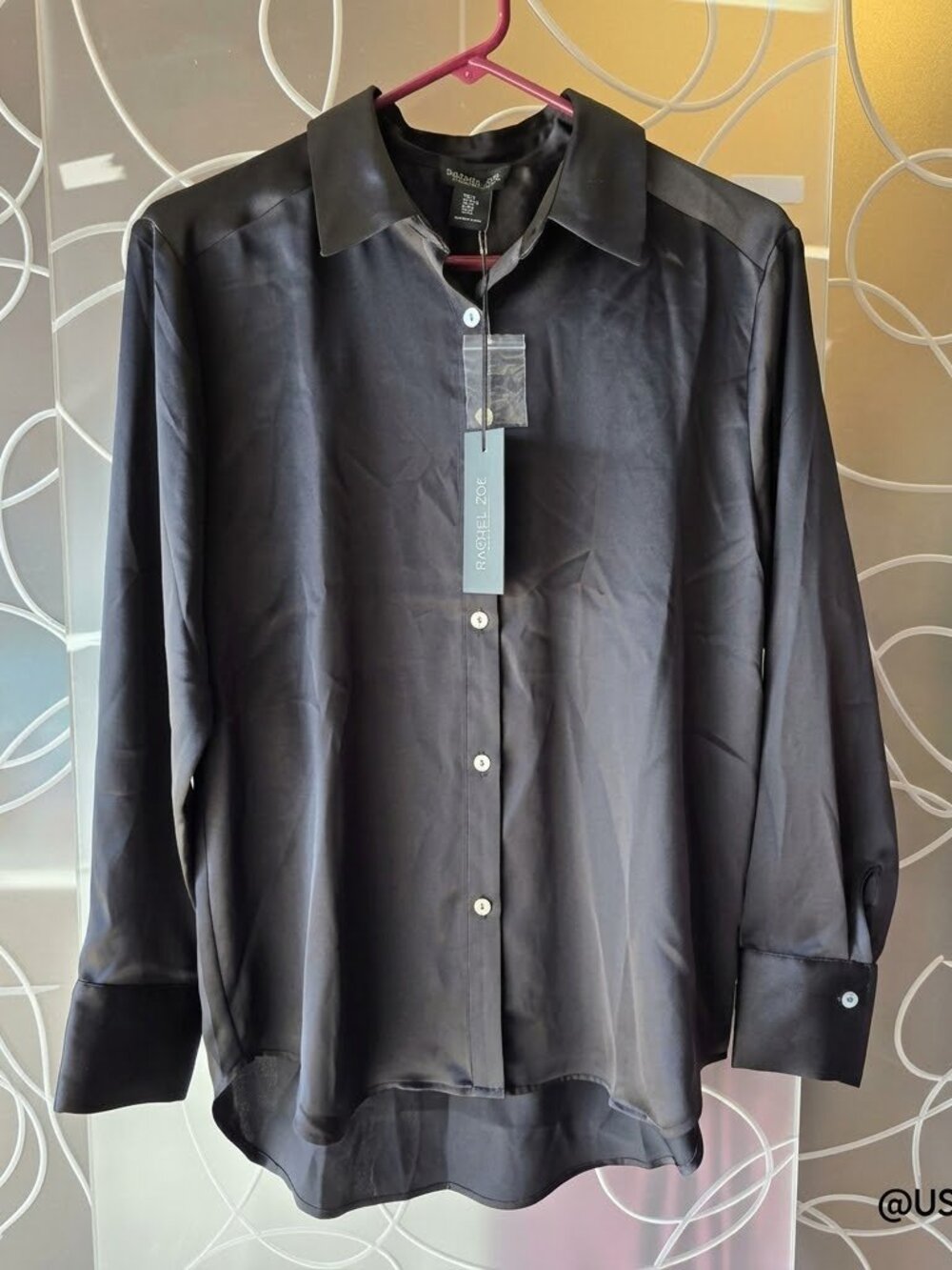 RACHEL ZOE NWT SZ MED BLACK SATIN LOOK LS BUTTON UP BLOUSE WITH COLLAR